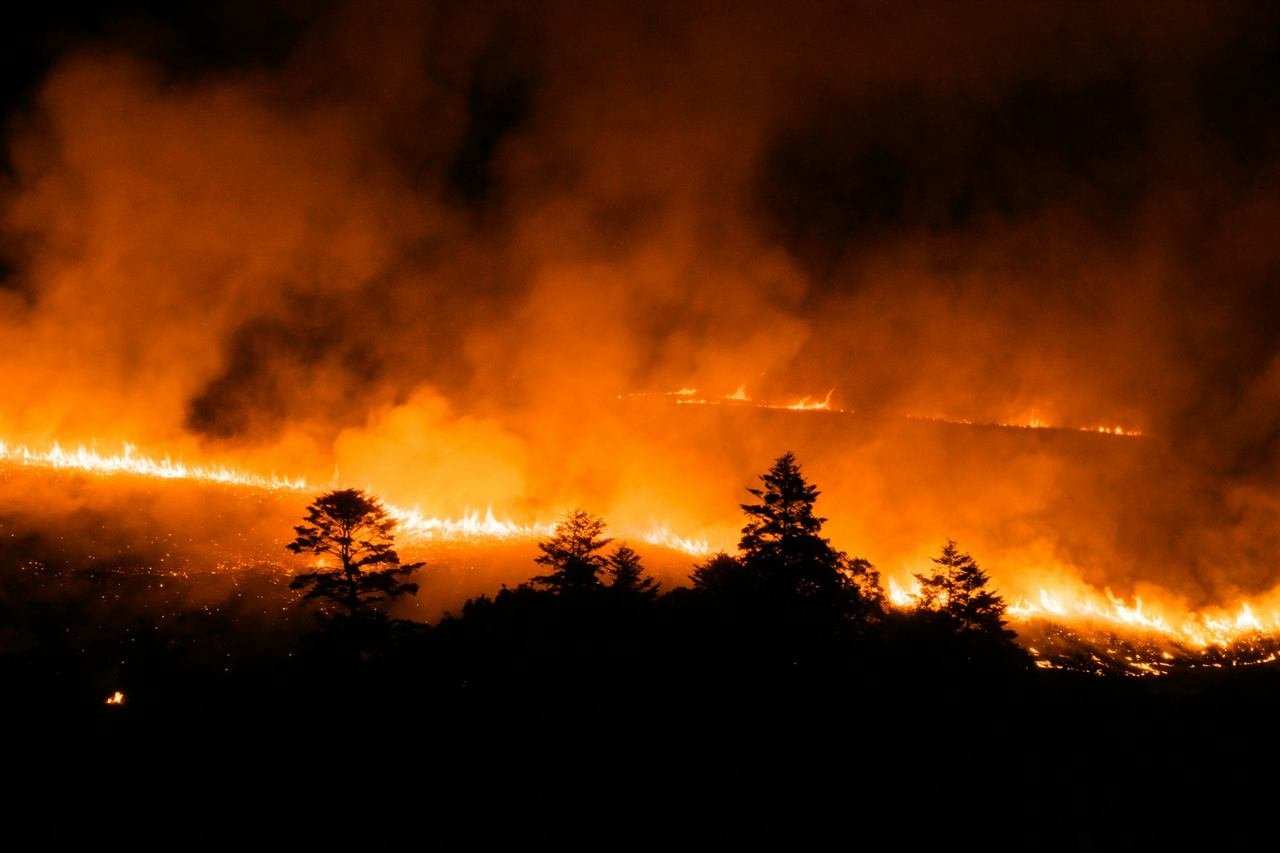 Frente de un incendio forestal de noche sobre el bosque