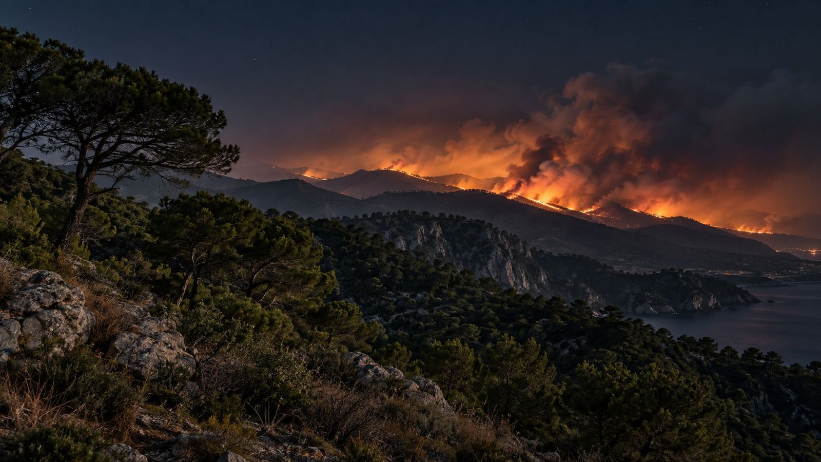 Entorno conceptual: incendio forestal nocturno en una sierra mediterránea junto a la costa