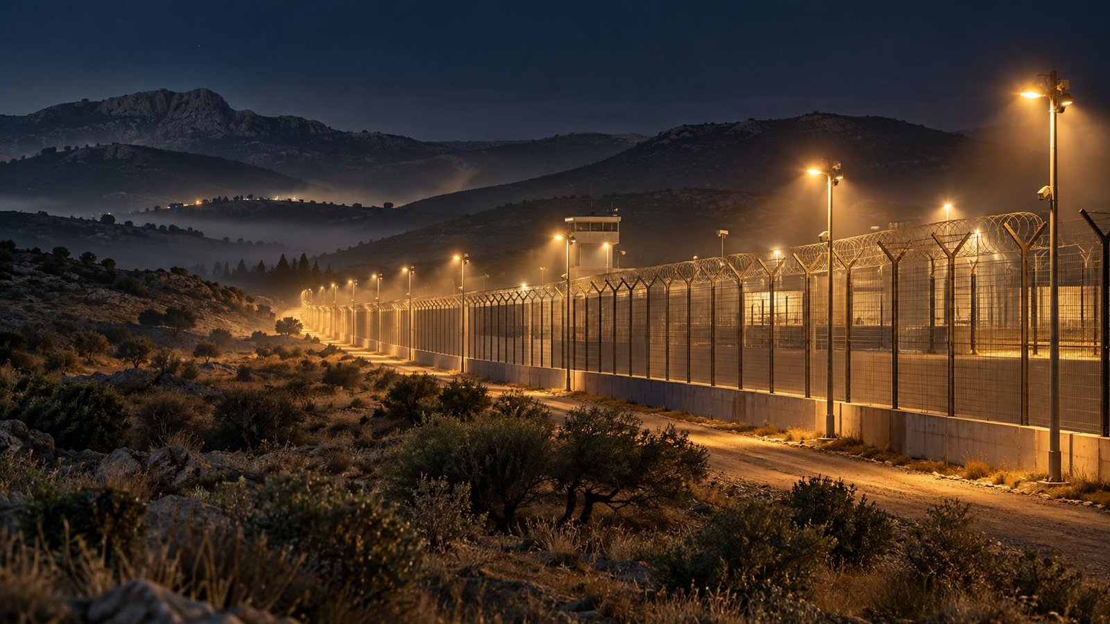 Entorno conceptual: perímetro de seguridad iluminado de una instalación en un paisaje de sierra, de noche