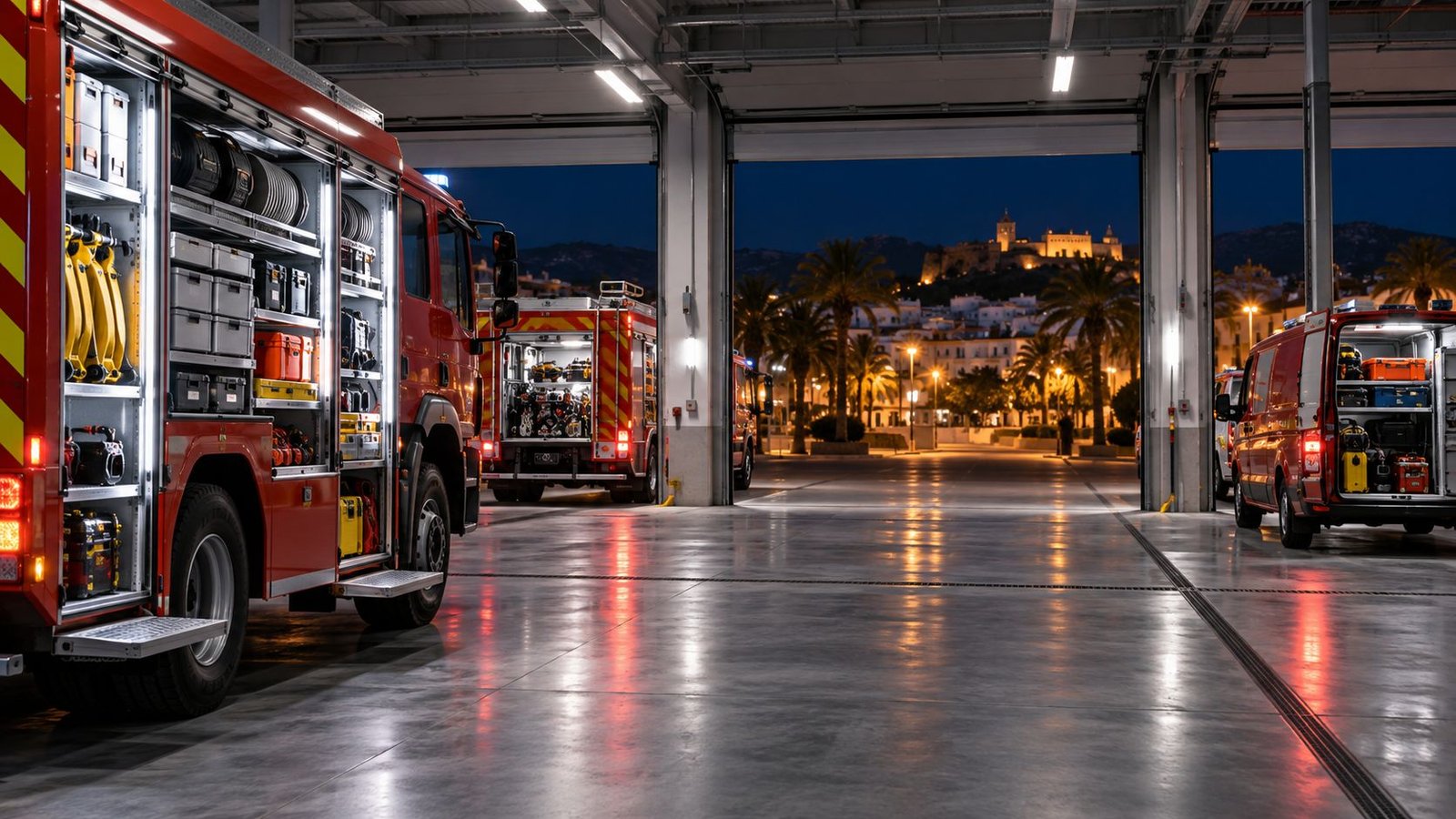 Entorno conceptual: parque de bomberos de noche con vehículos de emergencia y compartimentos de material abiertos